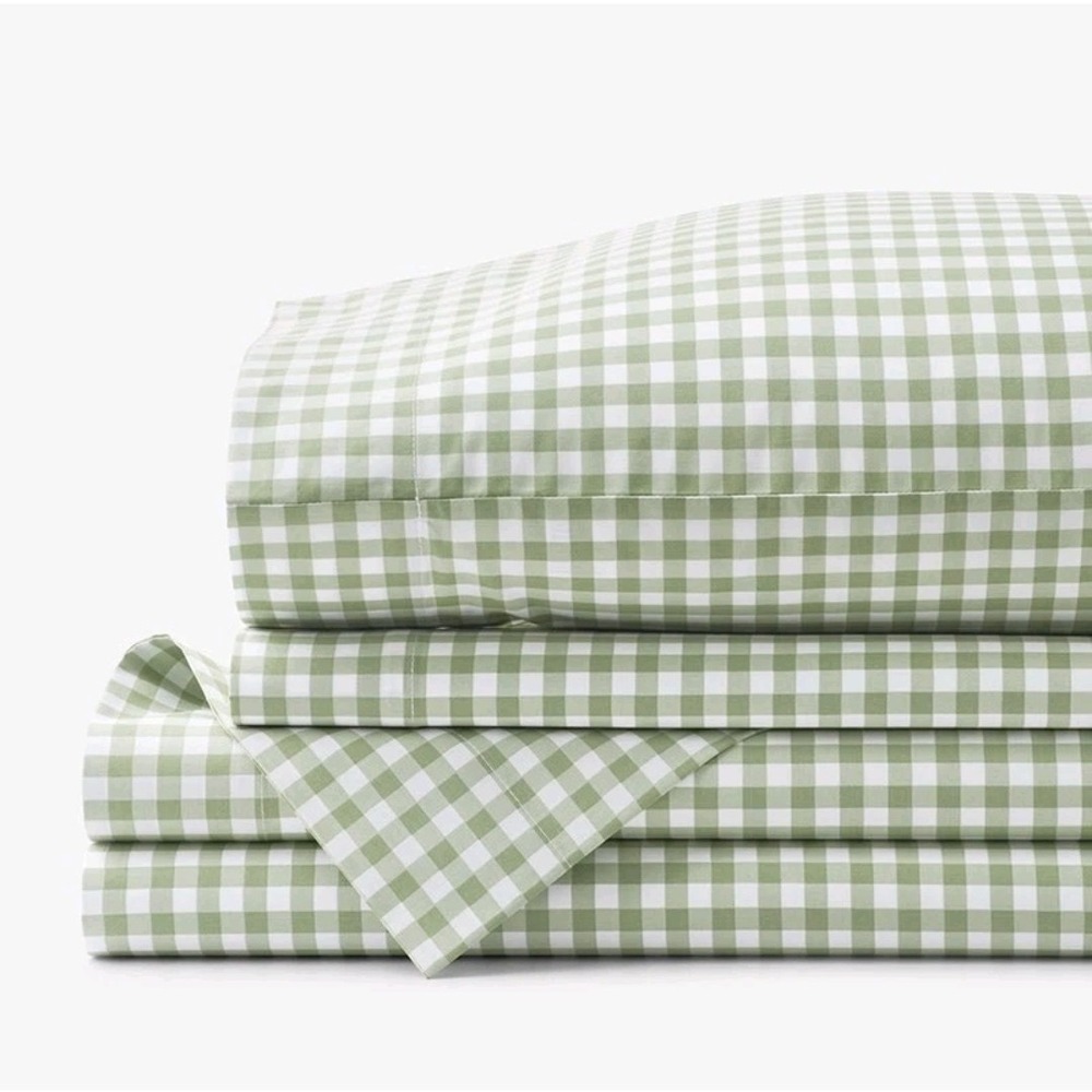 The Company Store Gingham Cool Organic Cotton Percale Sheet Set Moss Twin XL NEW